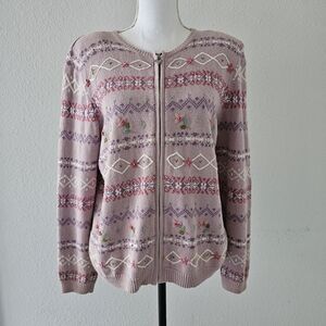 Vintage Alfred Dunner Cardigan Sweater Size L Petite Zip Front Embroidery Floral